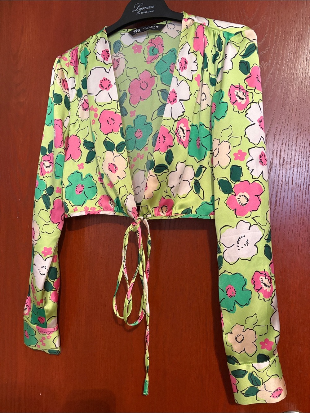 Zara Floral V-Neck Tie-Front Sweater Jacket — Lime Green, Pink, White